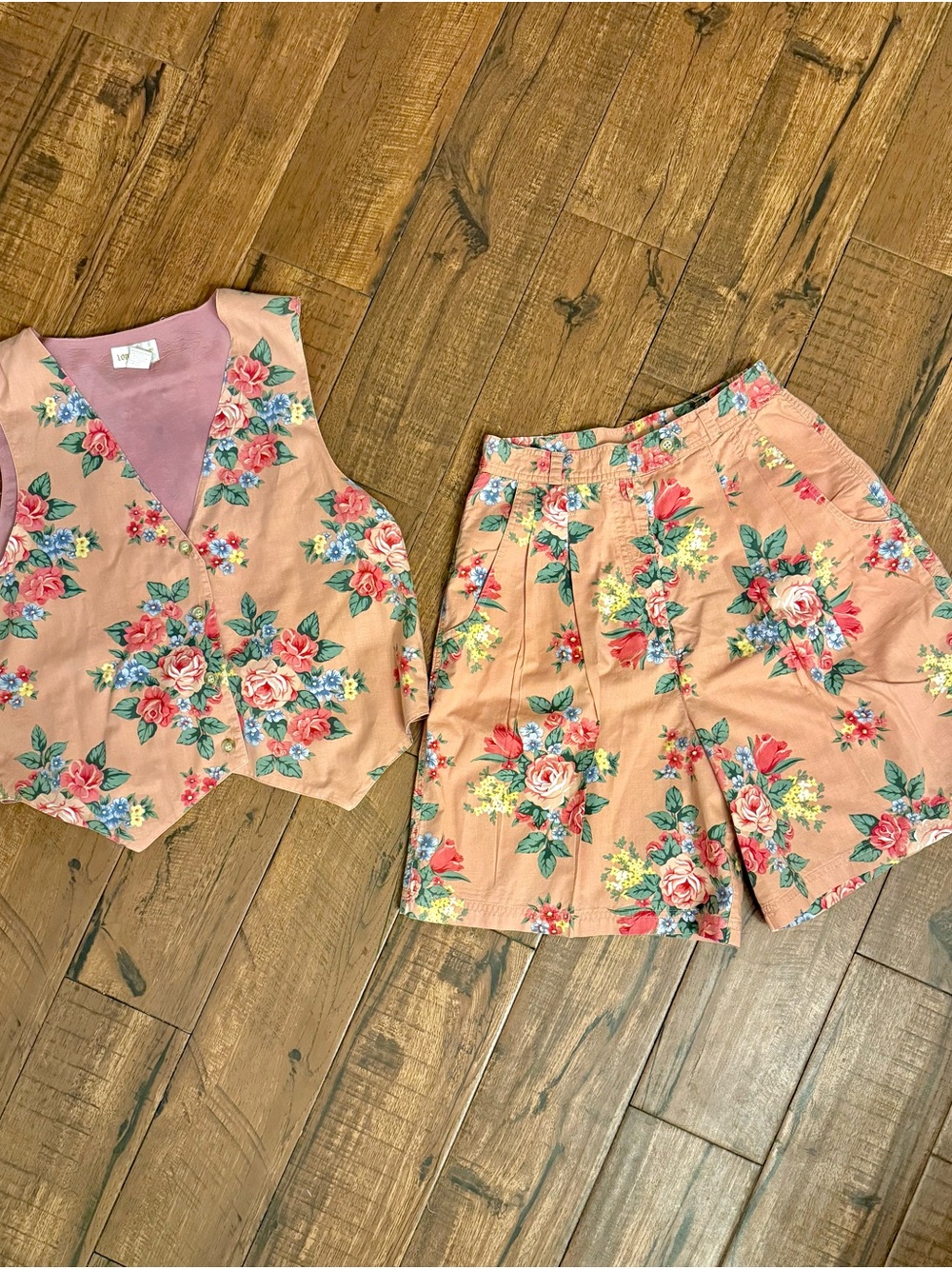 Vintage 90s London Fog Floral Vest Shorts Set Pink Rose Garden Print Cotton - Picture 12 of 12